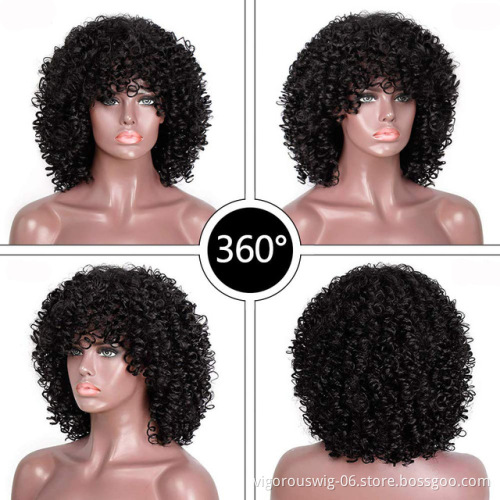 Afro Kinkys Curly Hair Wigs with Bangs Shoulder Length Wig Synthetic Heat Resistant Curly Full Wig for Black women